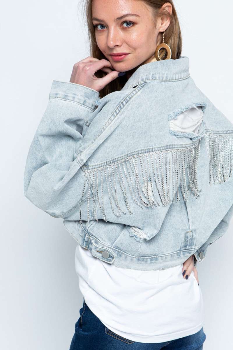 Ripped Rhinestone Tassel Long-Sleeve Denim Jacket - Image 3