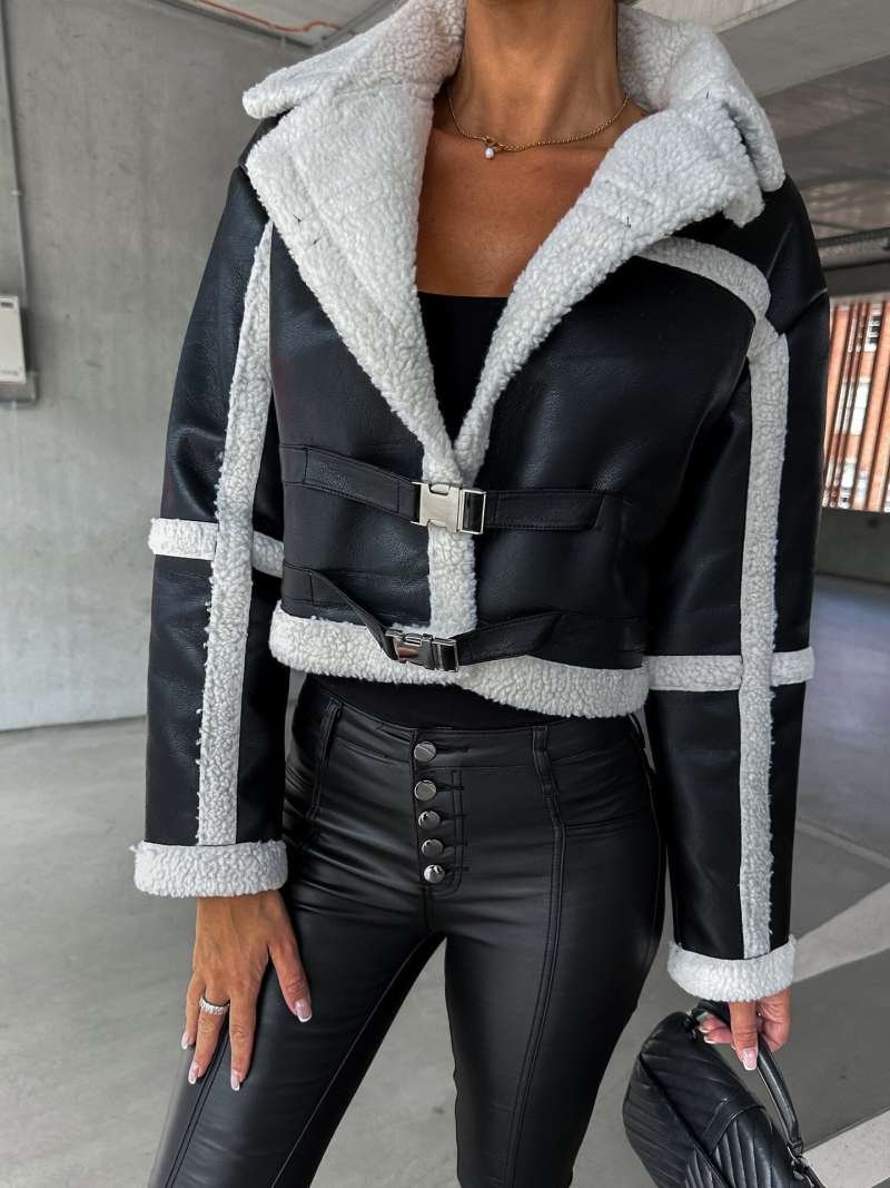 Fur-Integrated Short Large-Lapel Jacket - Image 3