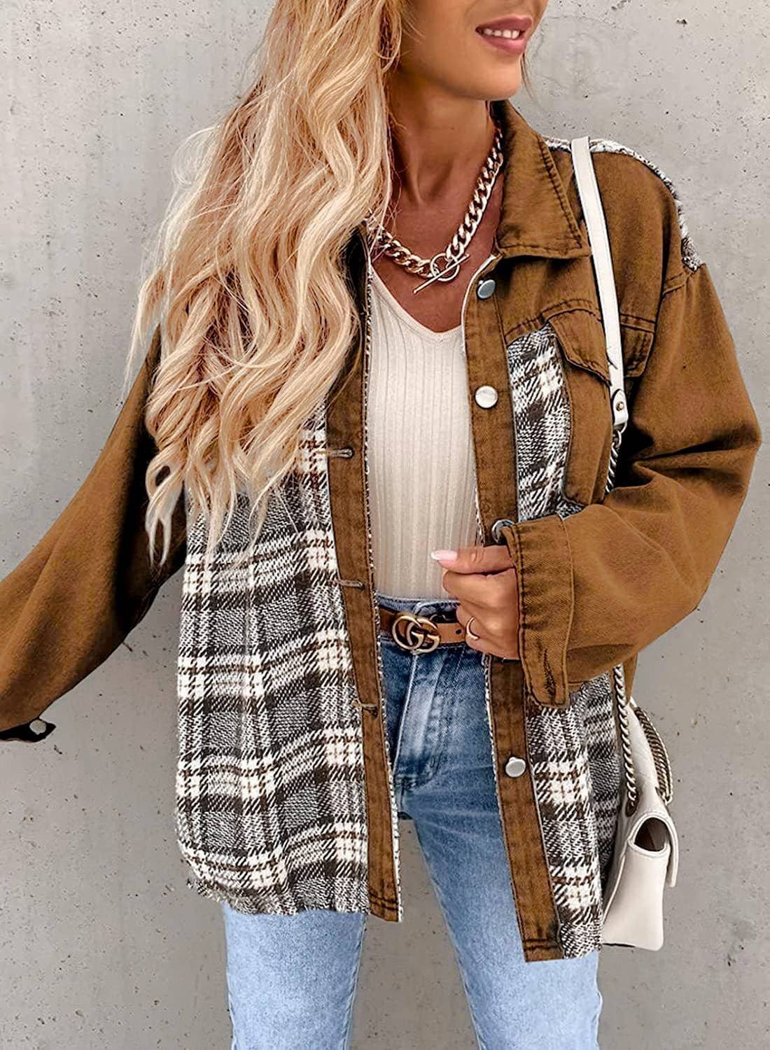 Long-Sleeved Plaid Button-Down Shirt Jacket - Image 3