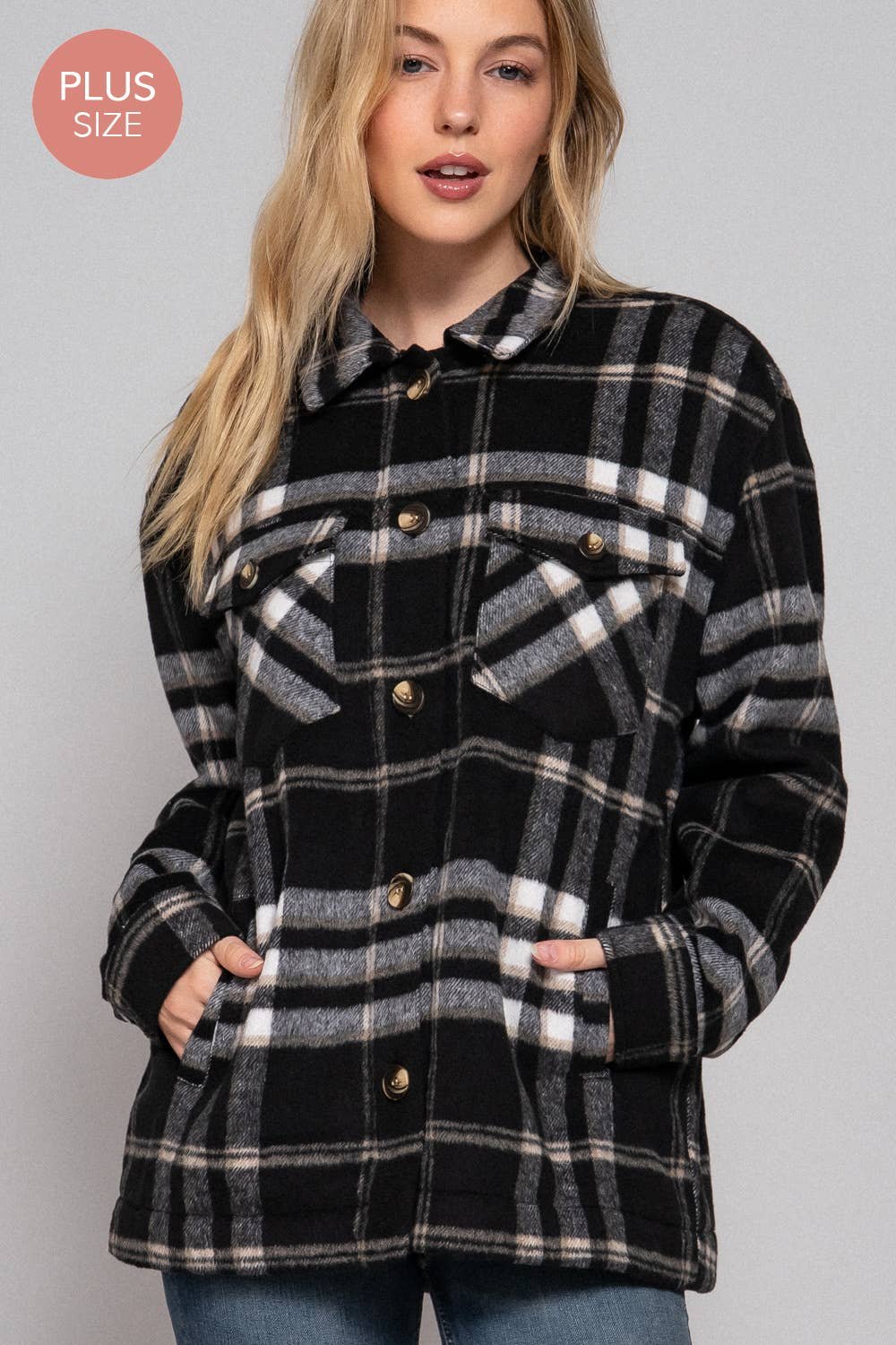 Long Sleeve Inside Faux Fur Brushed Plaid Plus Size Jacket - Image 4