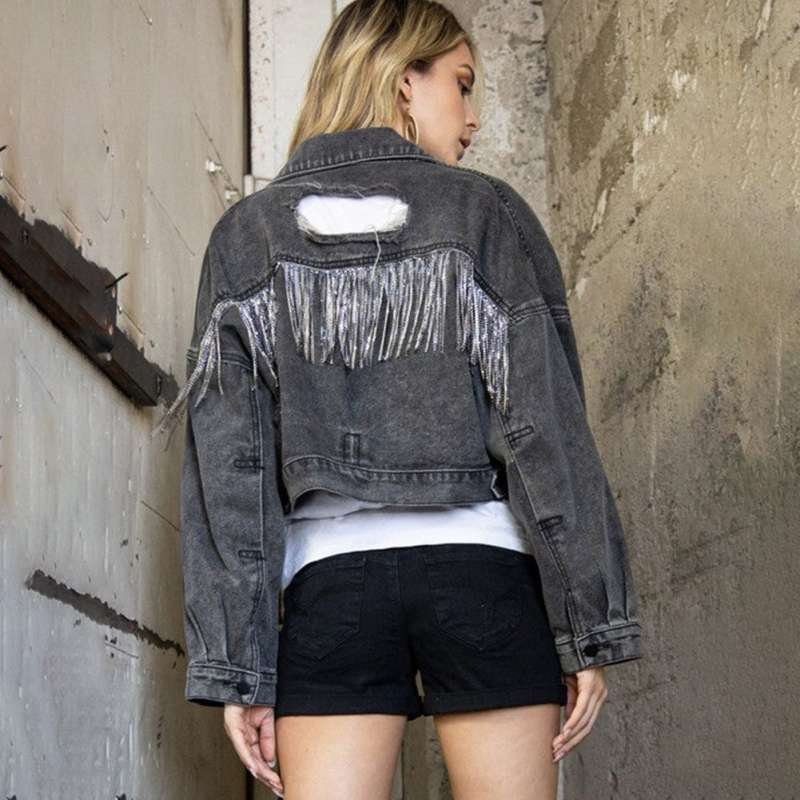 Ripped Rhinestone Tassel Long-Sleeve Denim Jacket - Image 9