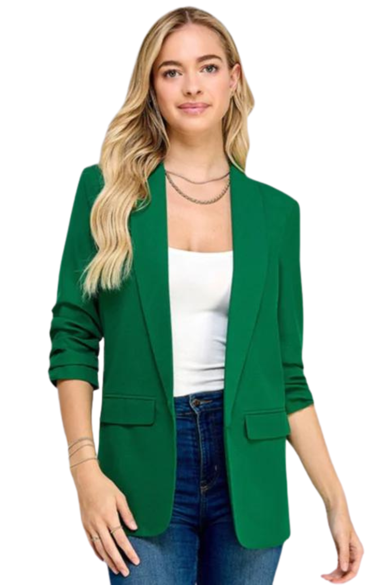 3/4 Sleeve Blazer with Gathered Sleeves (green & red) - Image 2