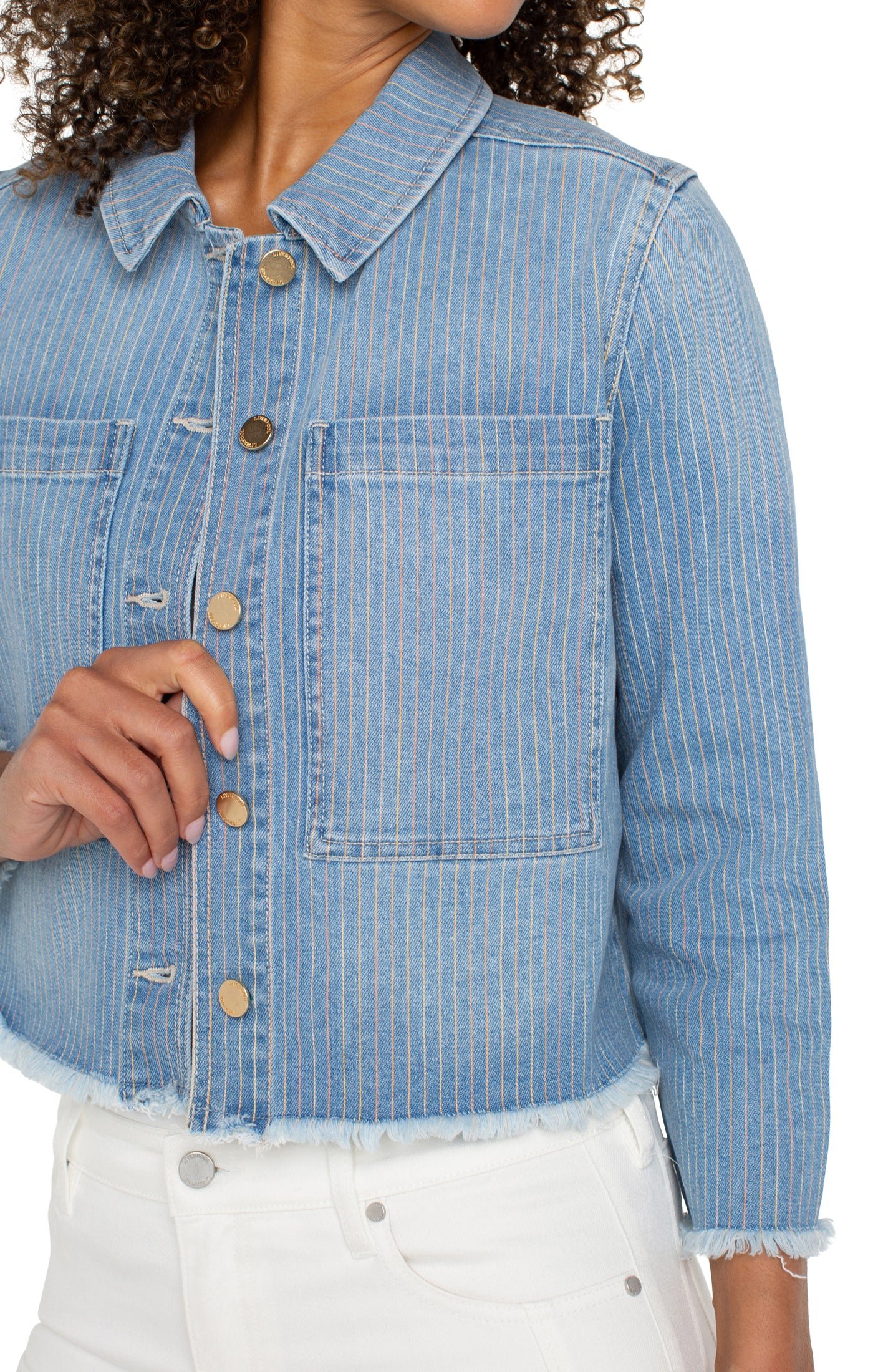 Liverpool Crop Shacket w/ Fray Hem (Sunset Stripe) - Image 3