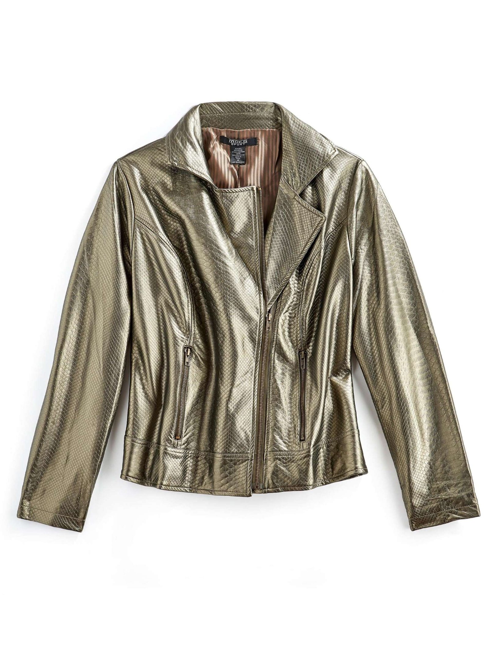 Women's Asymmetrical Zip up Metallic Snake Pattern Moto Jacket - Image 5