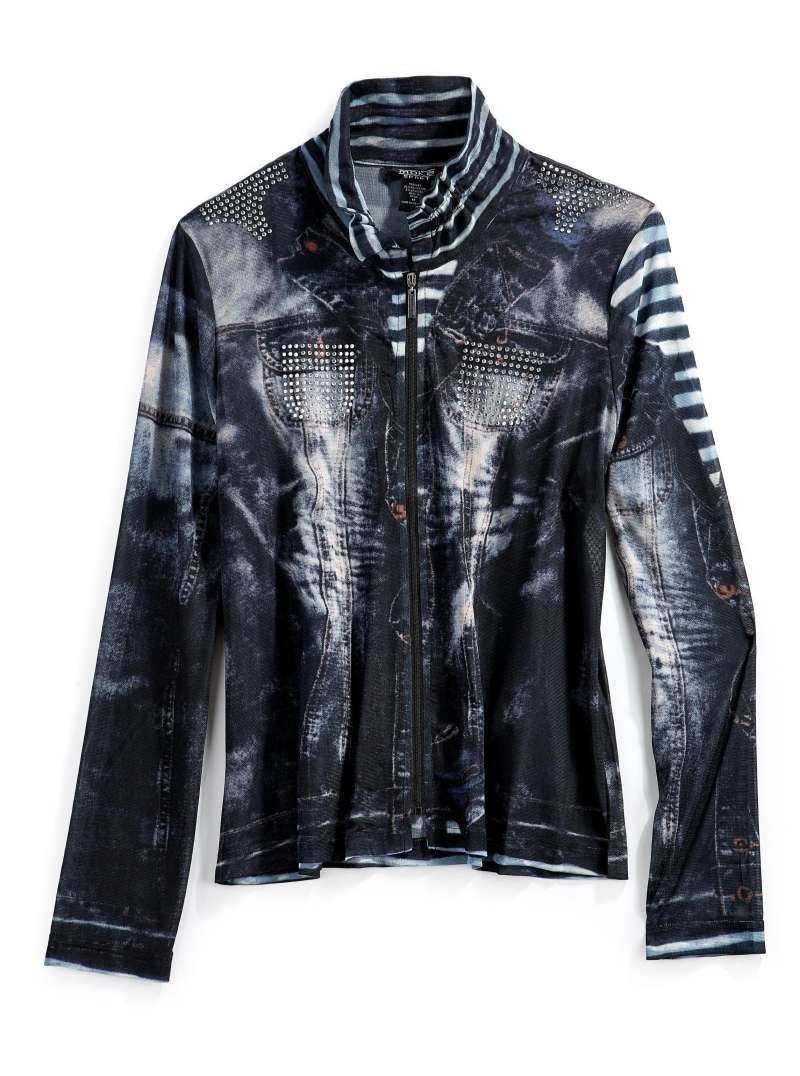 Women's Mesh Denim Look Printed Zip Front Jacket With Rhinestones - Image 6