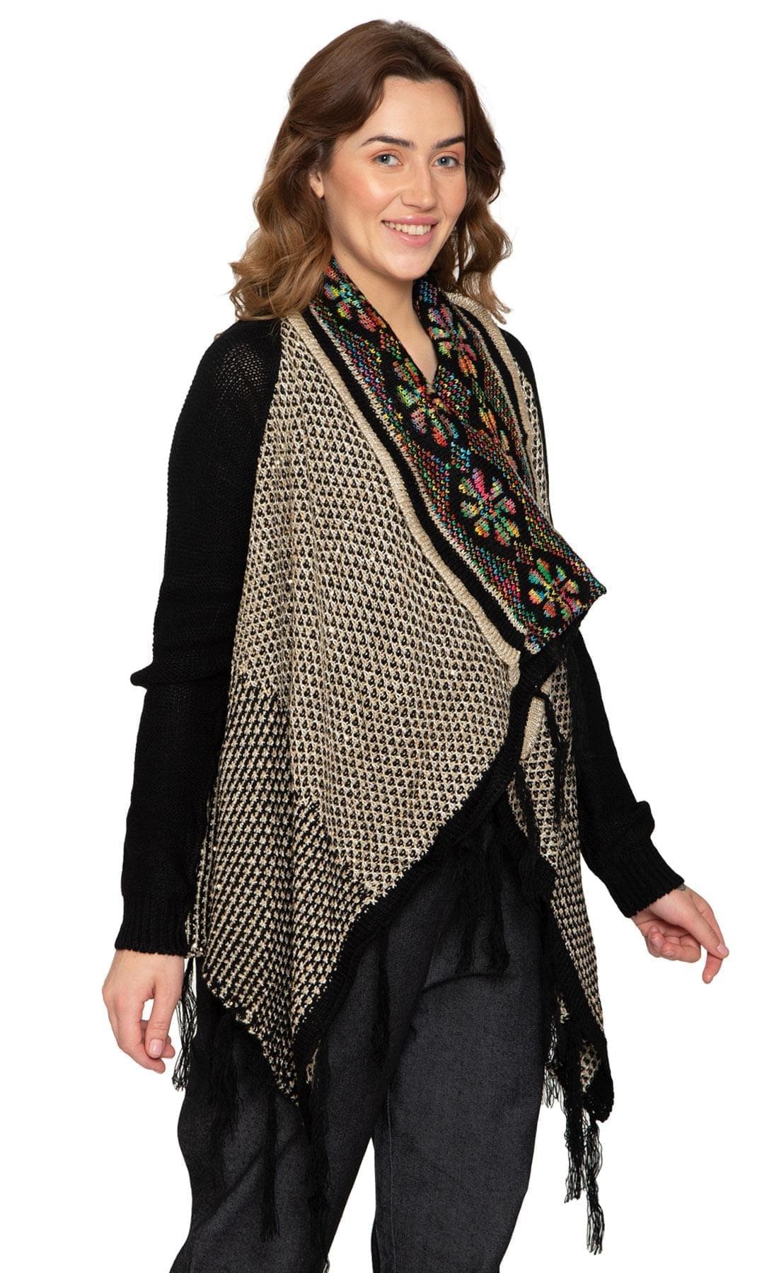 Women's Fringed Jacquard Weave Open Front Long Cardigan