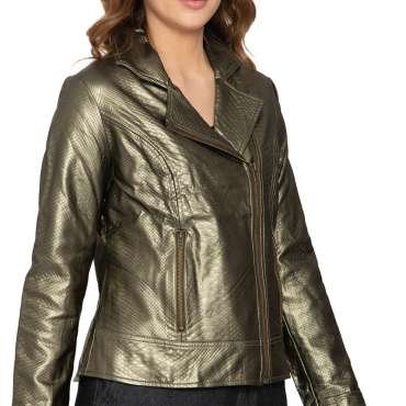 Women's Asymmetrical Zip up Metallic Snake Pattern Moto Jacket