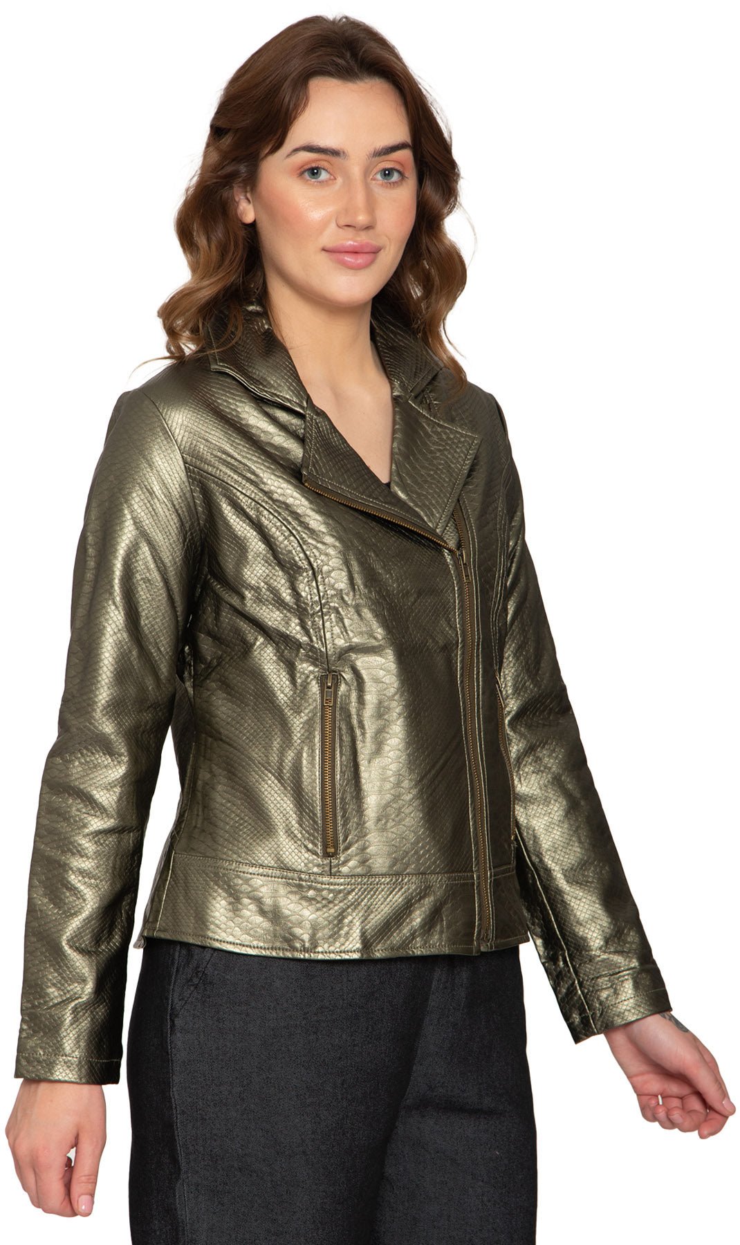 Women's Asymmetrical Zip up Metallic Snake Pattern Moto Jacket