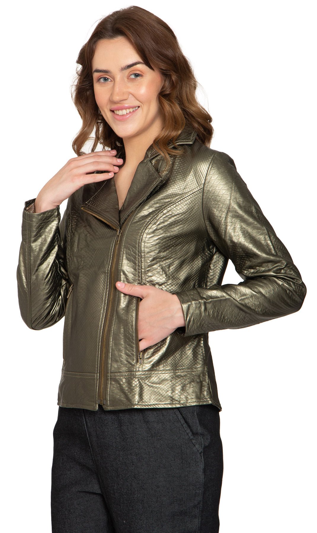 Women's Asymmetrical Zip up Metallic Snake Pattern Moto Jacket - Image 3