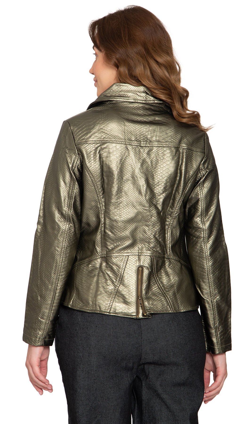 Women's Asymmetrical Zip up Metallic Snake Pattern Moto Jacket - Image 4