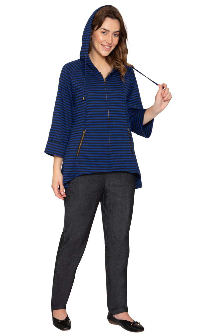 Women's Striped Zip Front High Low Hooded Jacket - Image 2