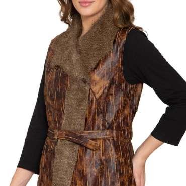 Women's Faux Fur Trimmed Belted Vegan Leather Vest