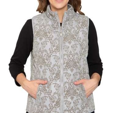 Women's Flocked Damask Print Zip Front Vest With Lining And Fill