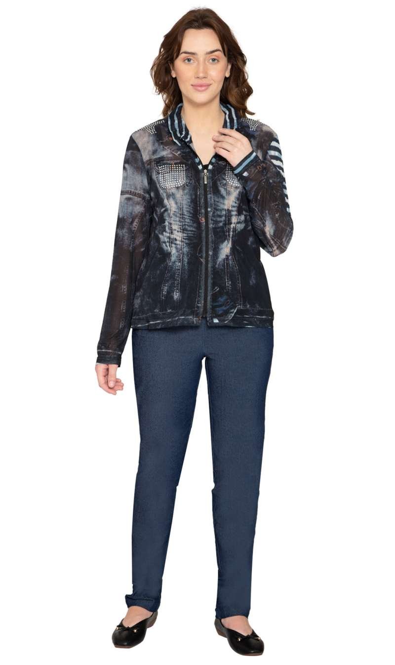 Women's Mesh Denim Look Printed Zip Front Jacket With Rhinestones - Image 3