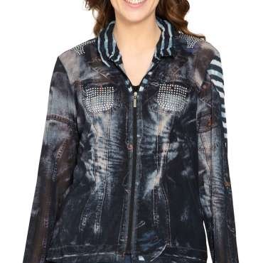 Women's Mesh Denim Look Printed Zip Front Jacket With Rhinestones