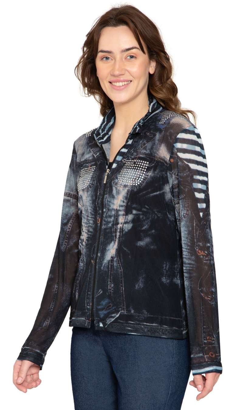 Women's Mesh Denim Look Printed Zip Front Jacket With Rhinestones - Image 2