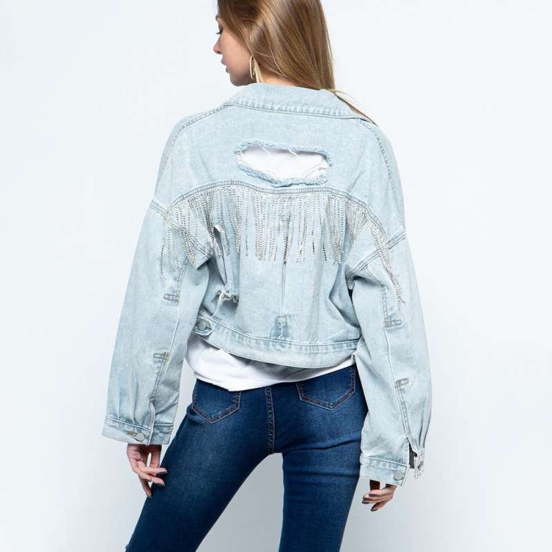 Ripped Rhinestone Tassel Long-Sleeve Denim Jacket - Image 7