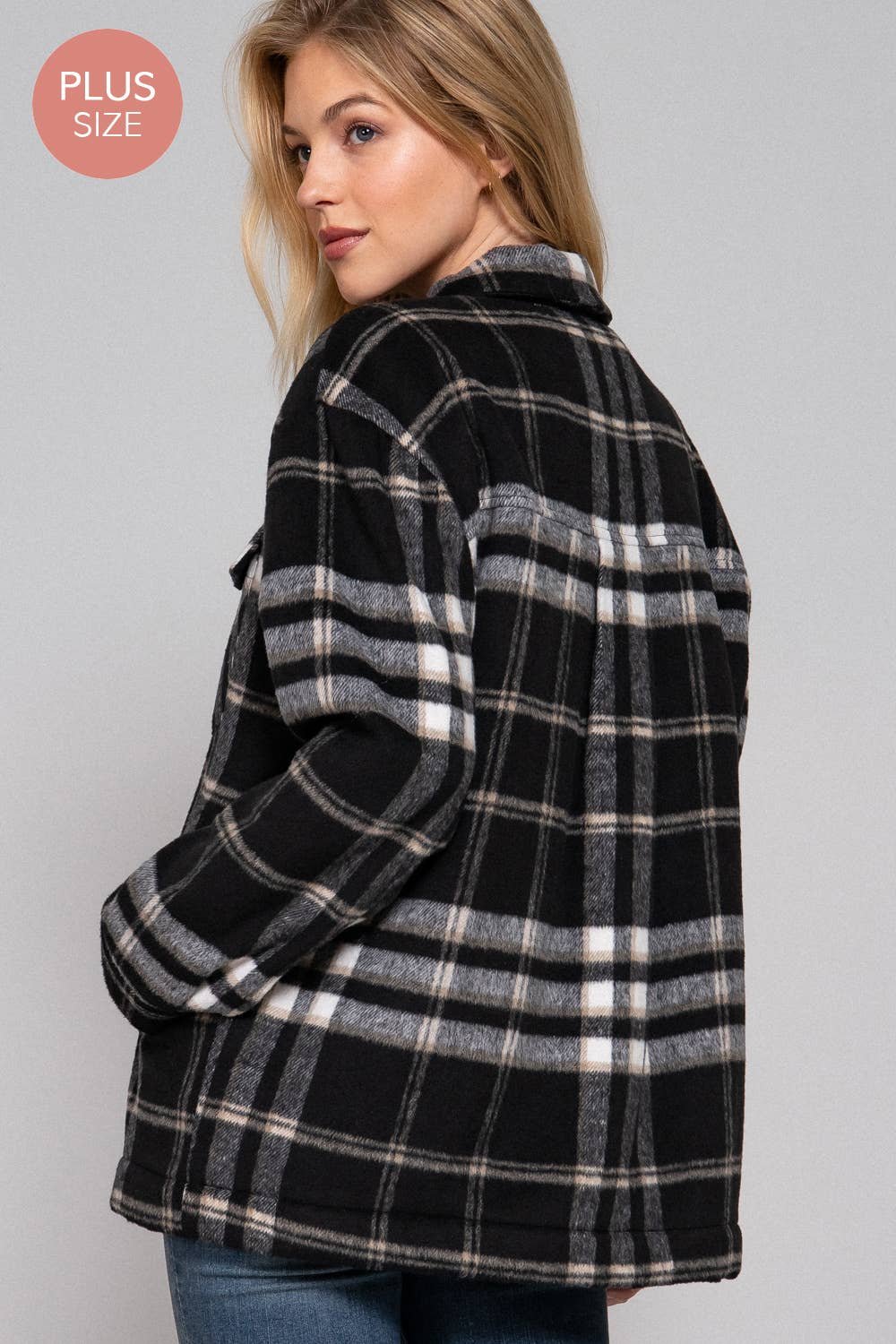 Long Sleeve Inside Faux Fur Brushed Plaid Plus Size Jacket - Image 2