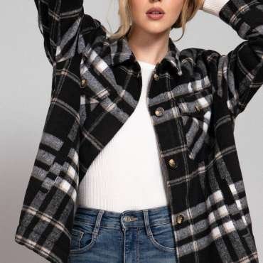 Long Sleeve Inside Faux Fur Brushed Plaid Plus Size Jacket