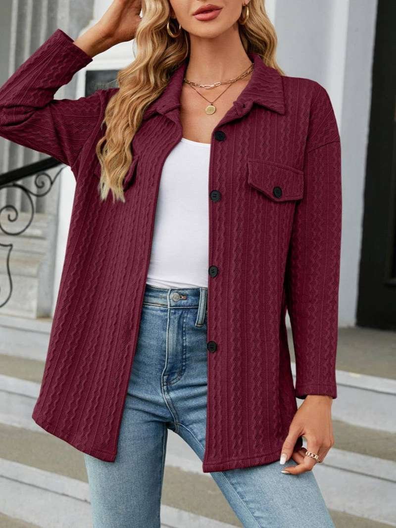 Jacquard Single-Breasted Long-Sleeved Shirt Jacket (black & wine) - Image 3
