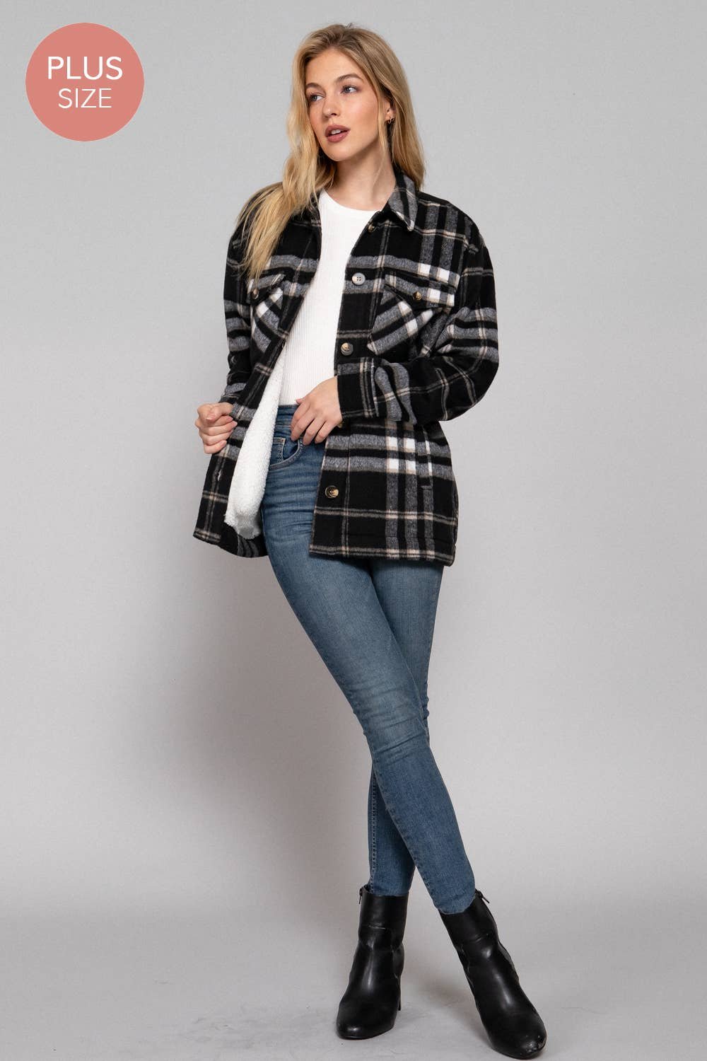 Long Sleeve Inside Faux Fur Brushed Plaid Plus Size Jacket - Image 5