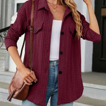 Jacquard Single-Breasted Long-Sleeved Shirt Jacket (black & wine)